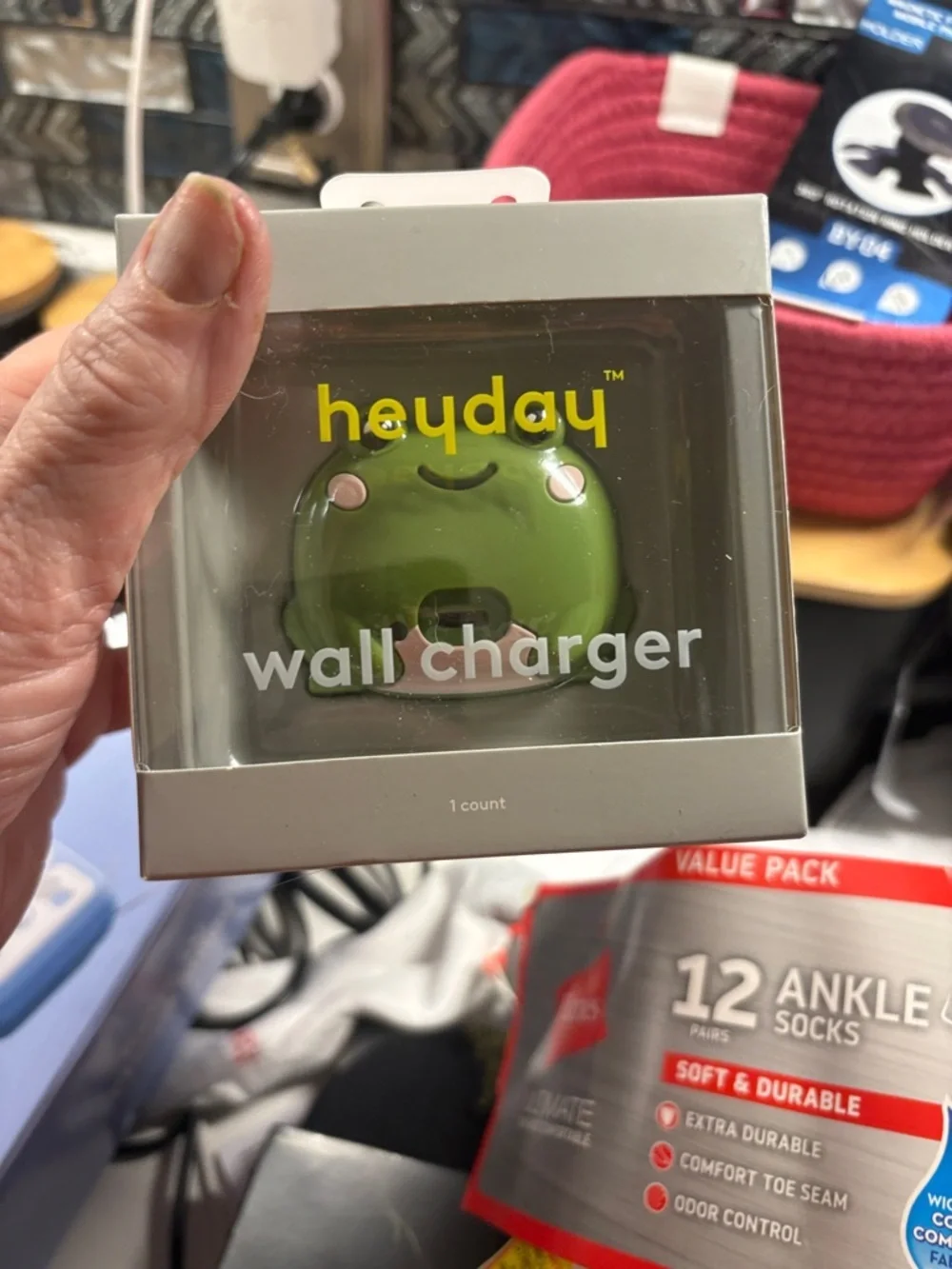 heyday Wall Charger in Green with Pink Display Basket. All pictured included